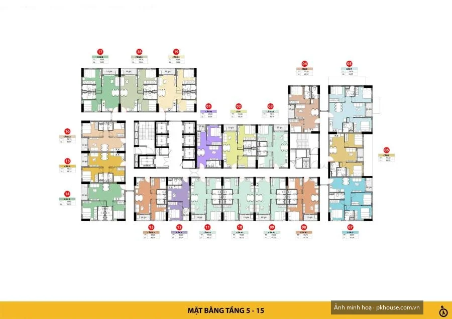 Mặt bằng tầng căn hộ 5 – 15 dự án Bcons Asahi