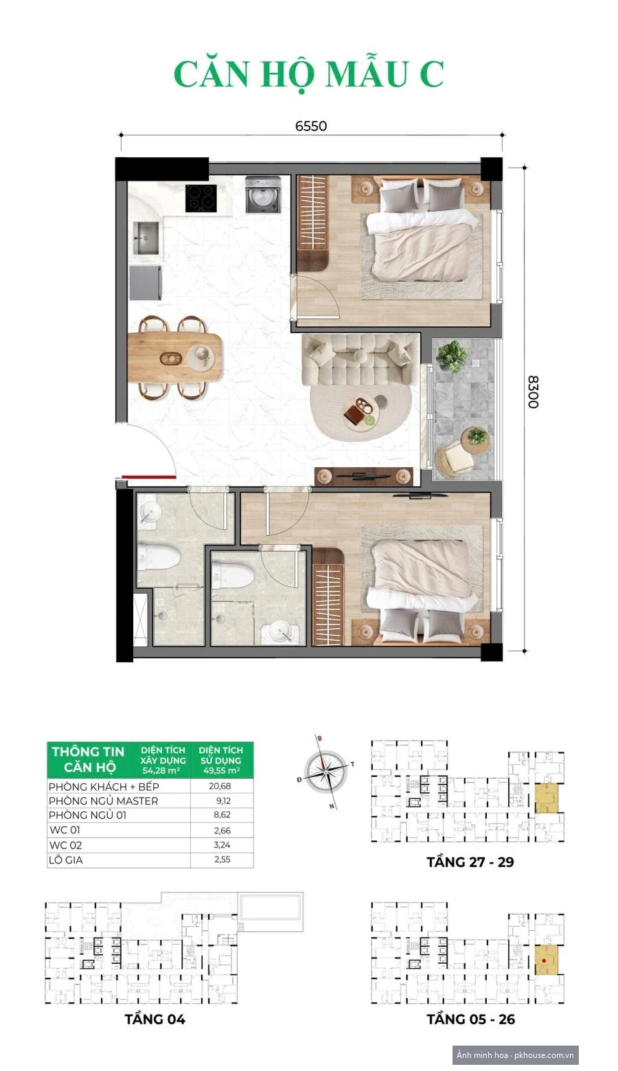Thiết kế căn hộ mẫu loại C dự án Bcons Asahi