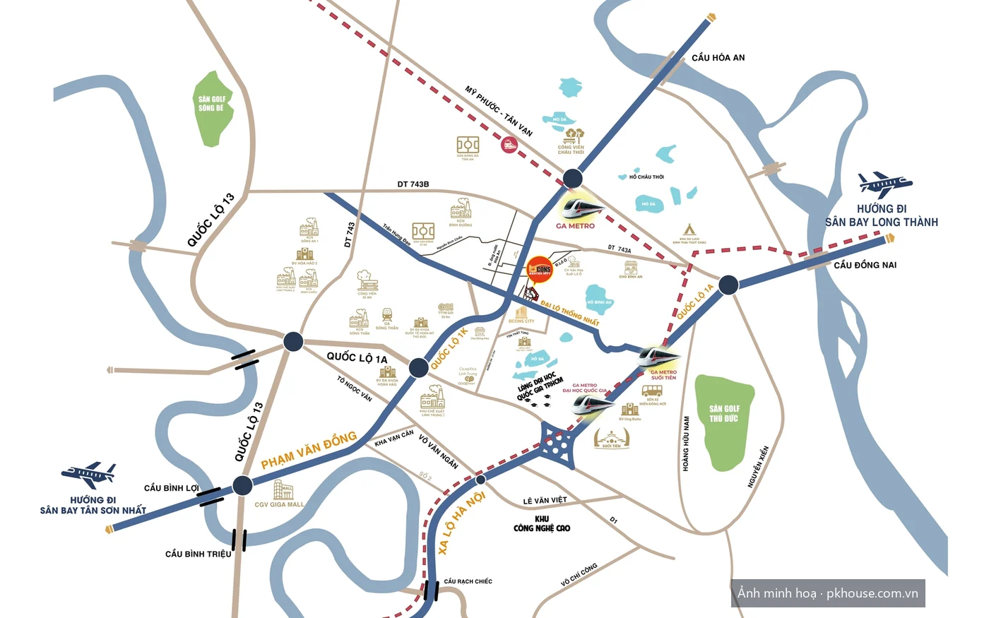 Sơ đồ vị trí và kết nối vùng: Quốc lộ 1K, Vành đai 3, sân bay Long Thành dự án Bcons Center City