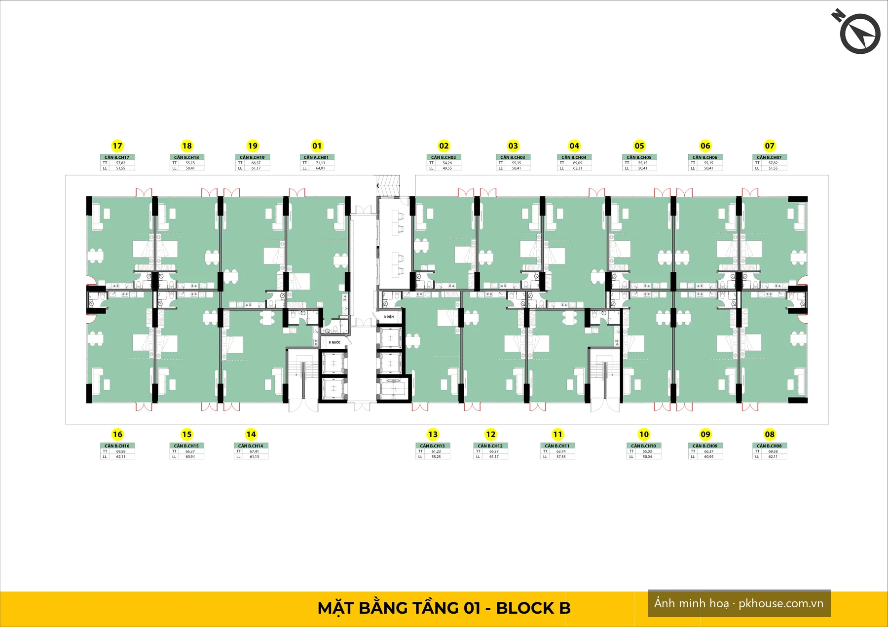 Mặt bằng tầng 1 — Block B (tháp The Crown) dự án Bcons Center City