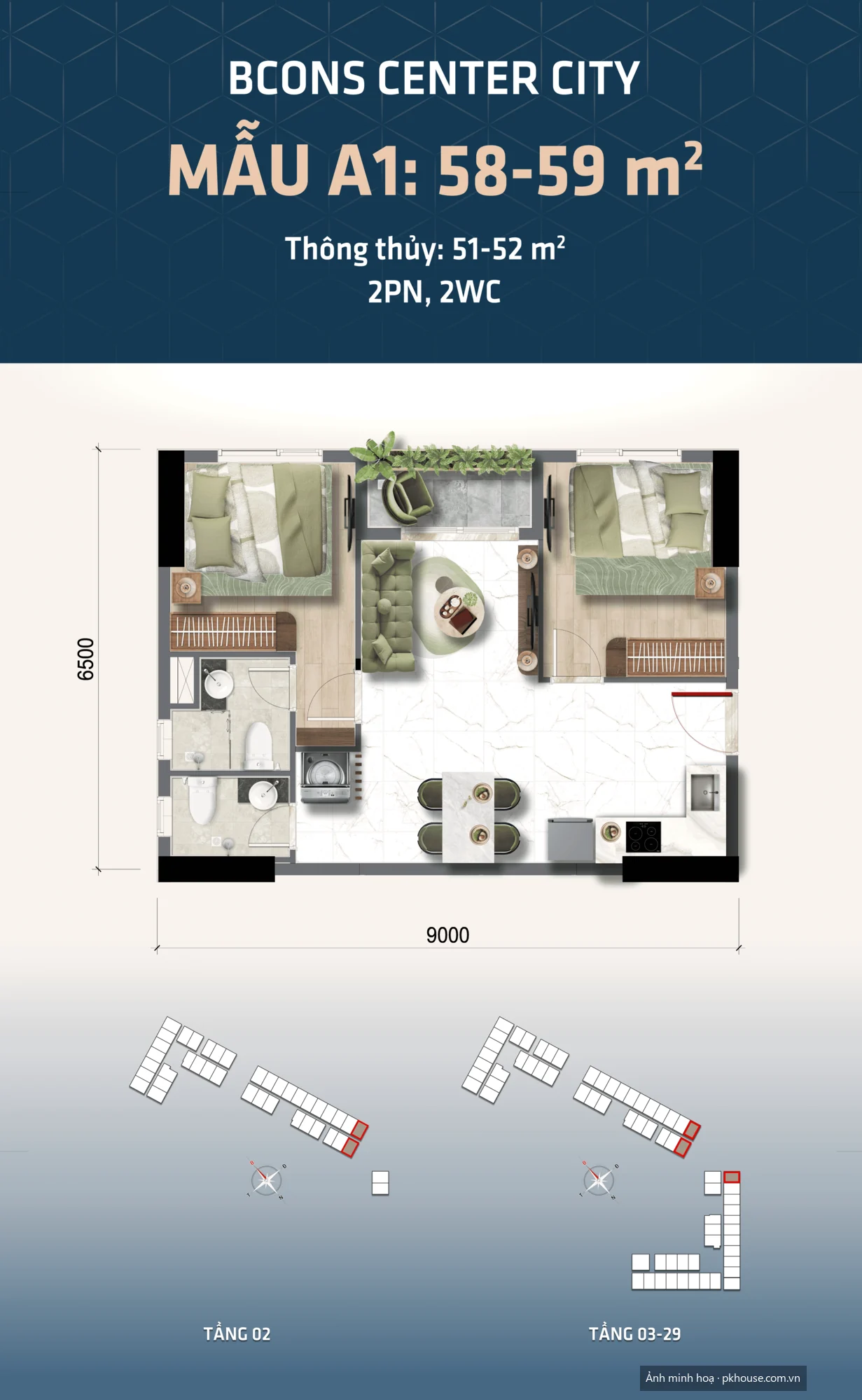Mẫu A1 · 58–59 m² · 2PN 2WC dự án Bcons Center City