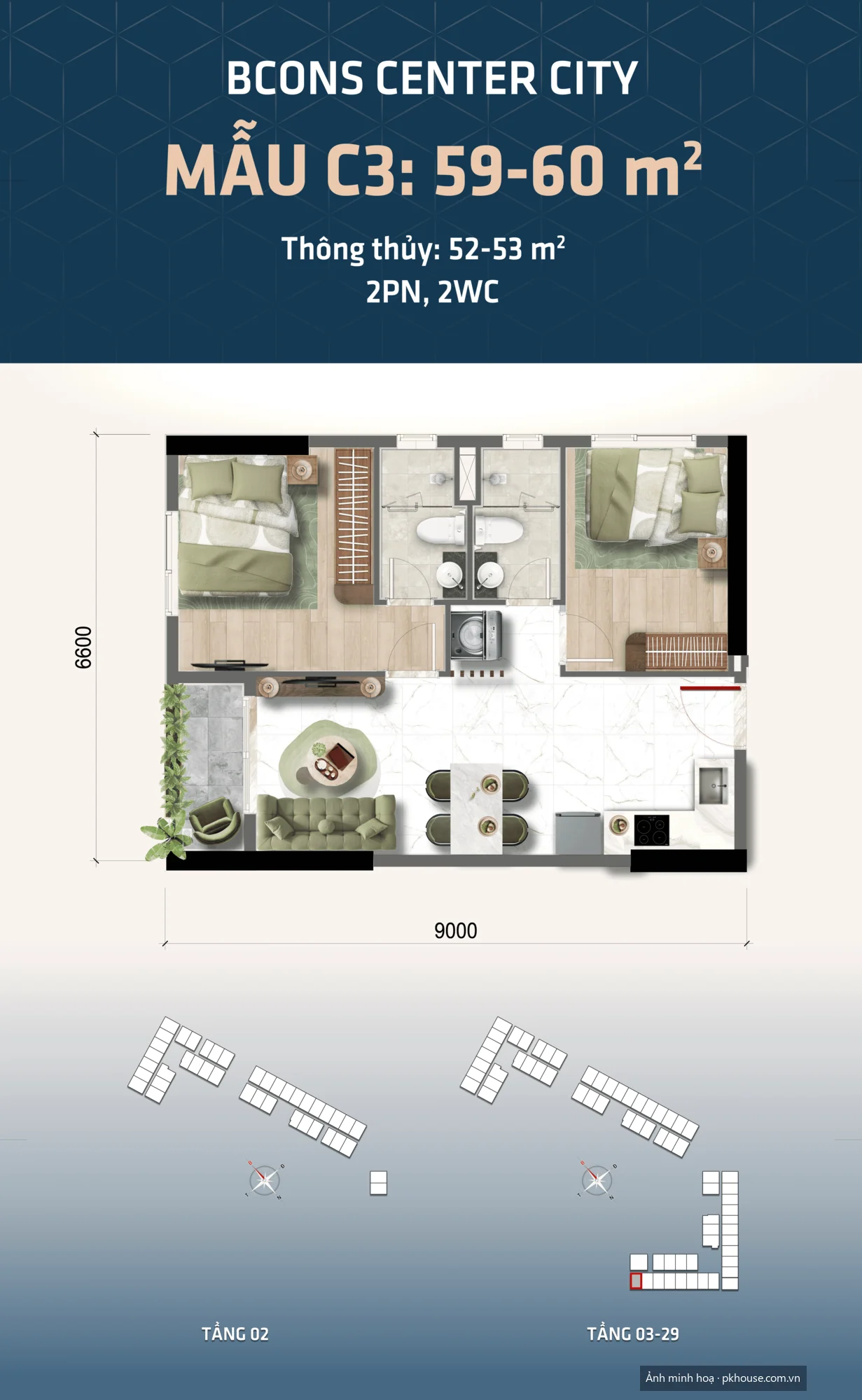 Mẫu C3 · 59–60 m² · 2PN 2WC dự án Bcons Center City