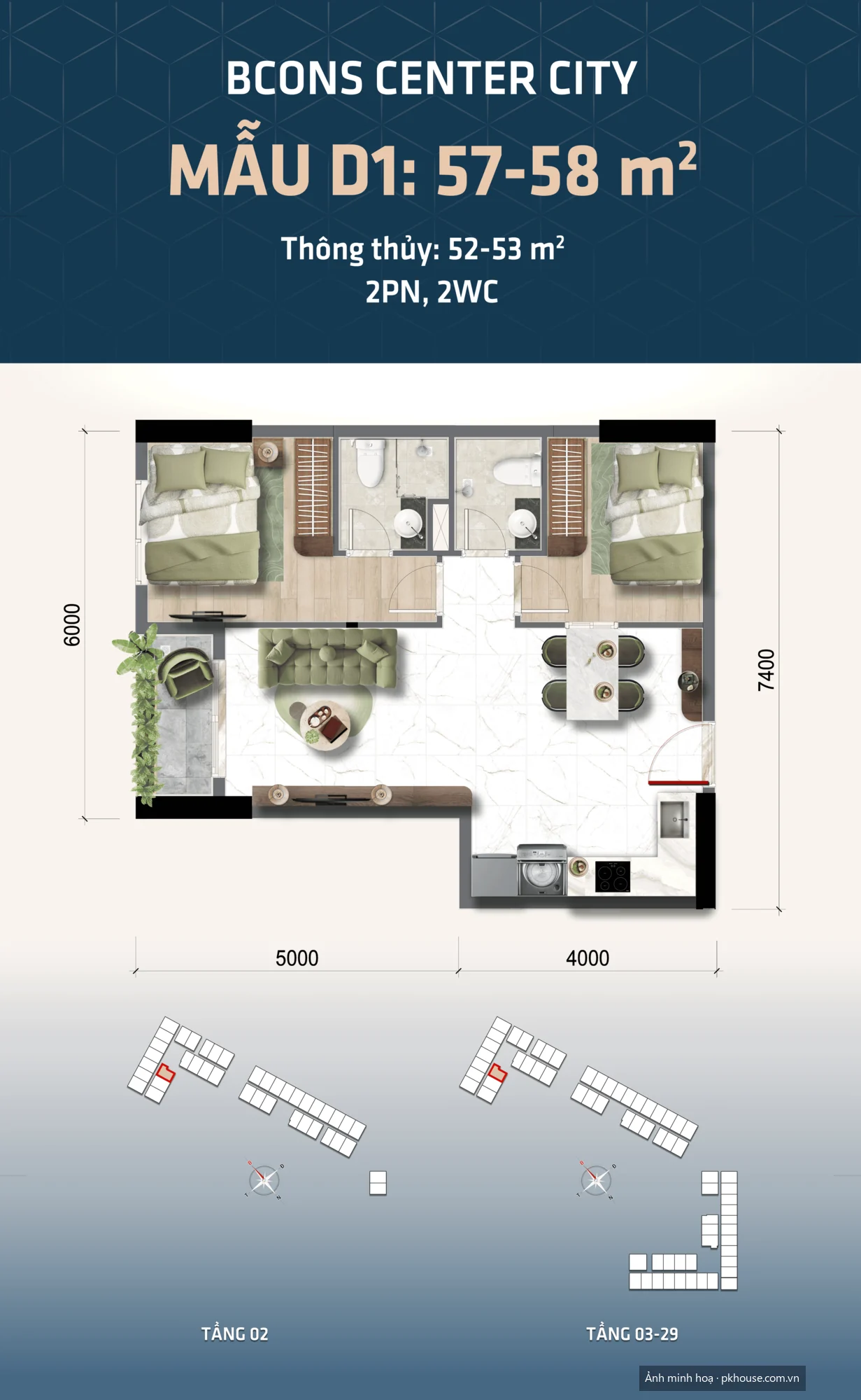 Mẫu D1 · 57–58 m² · 2PN 2WC dự án Bcons Center City