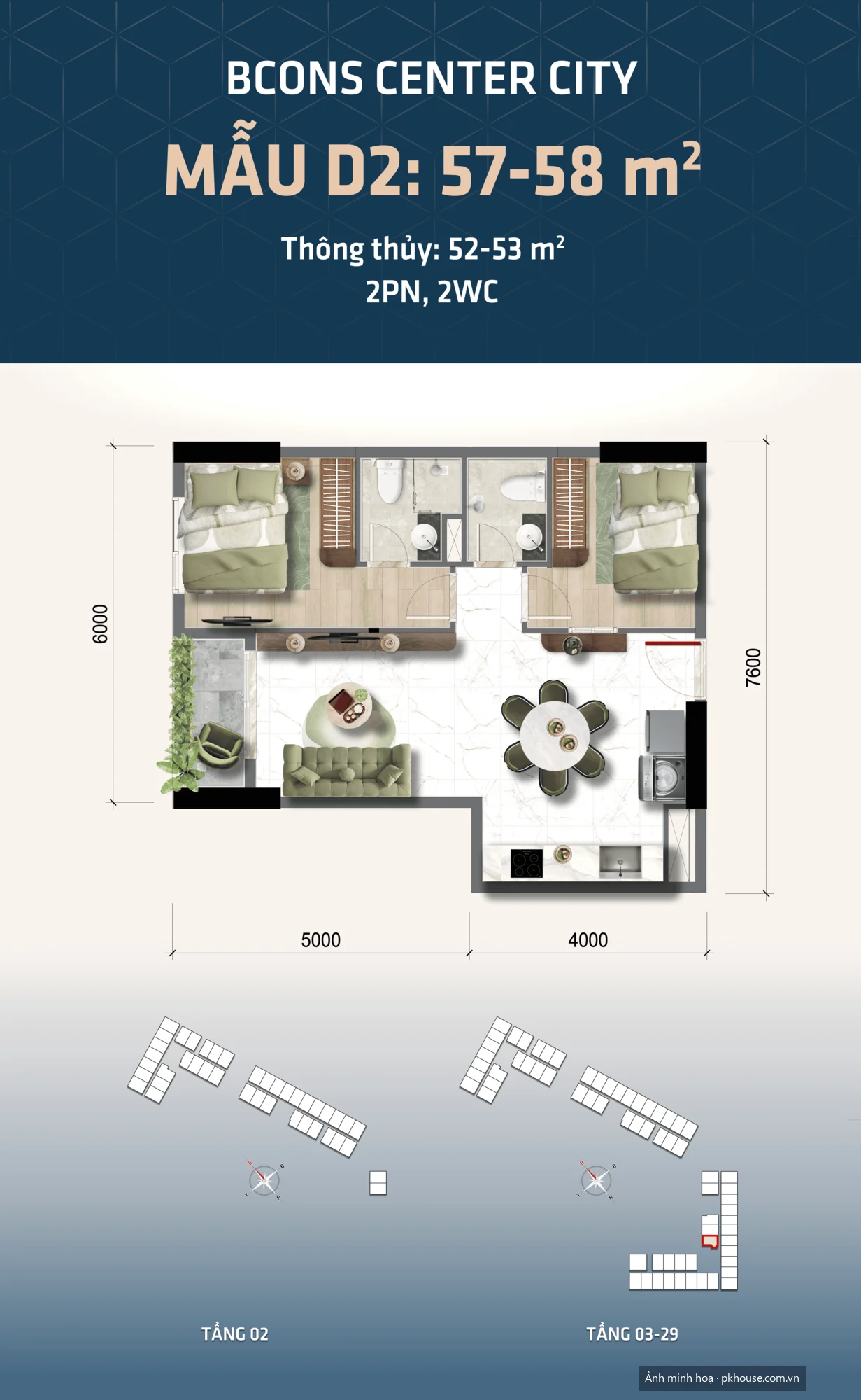 Mẫu D2 · 57–58 m² · 2PN 2WC dự án Bcons Center City