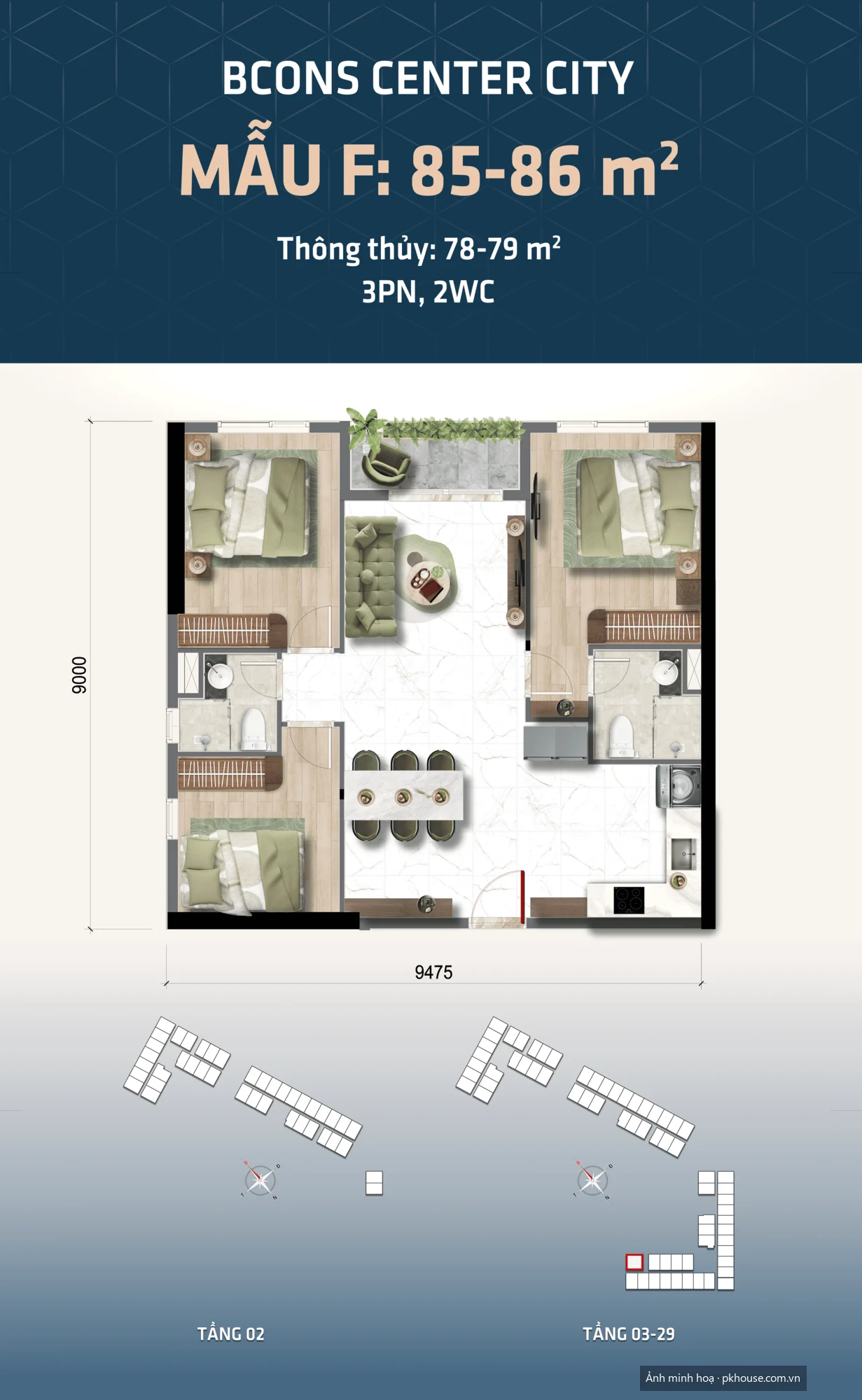 Mẫu F · 85–86 m² · 3PN 2WC dự án Bcons Center City