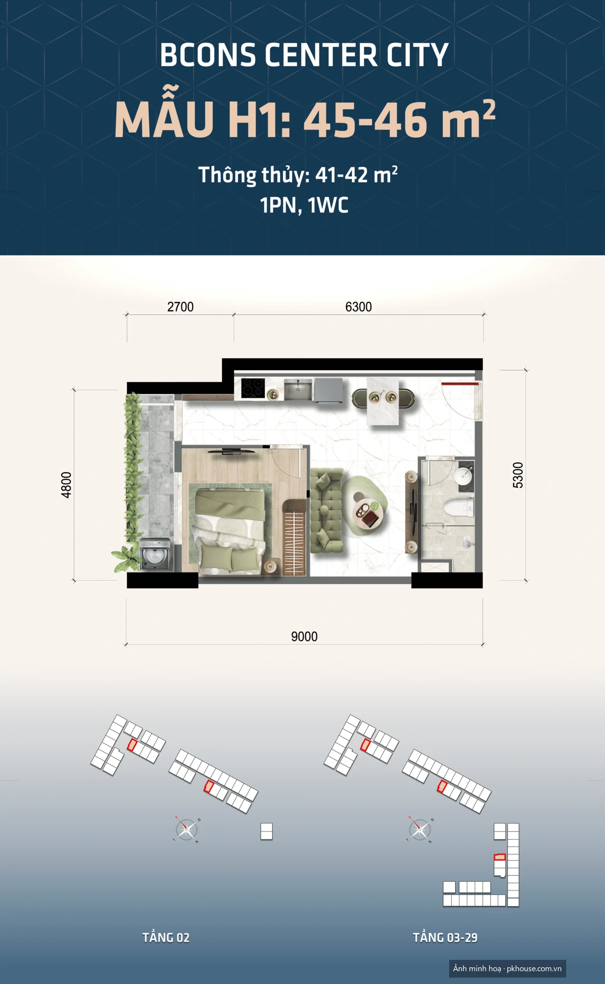 Mẫu H1 · 45–46 m² · 1PN 1WC dự án Bcons Center City