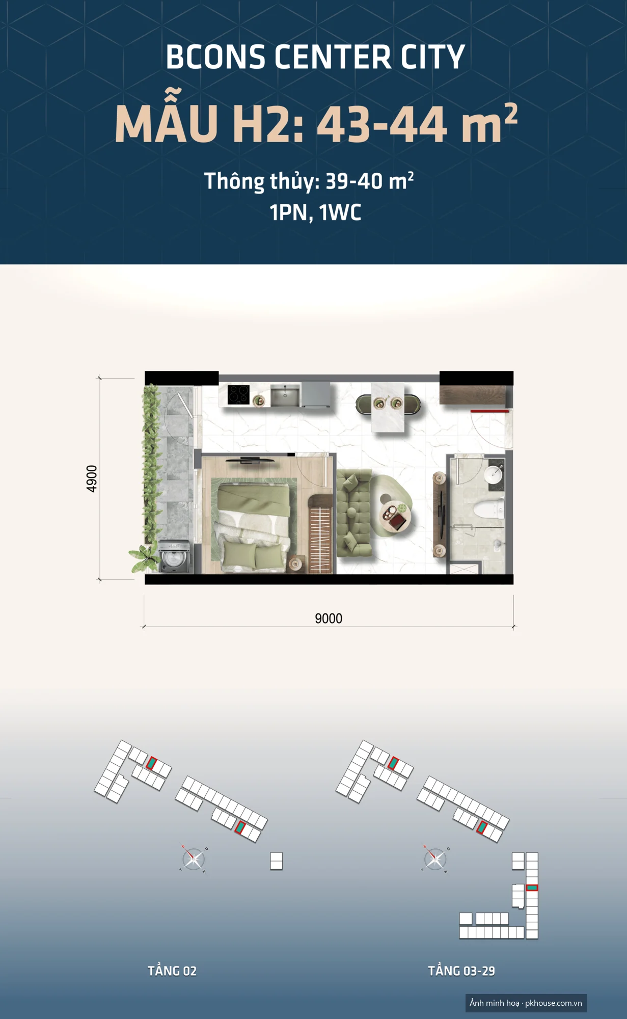 Mẫu H2 · 43–44 m² · 1PN 1WC dự án Bcons Center City