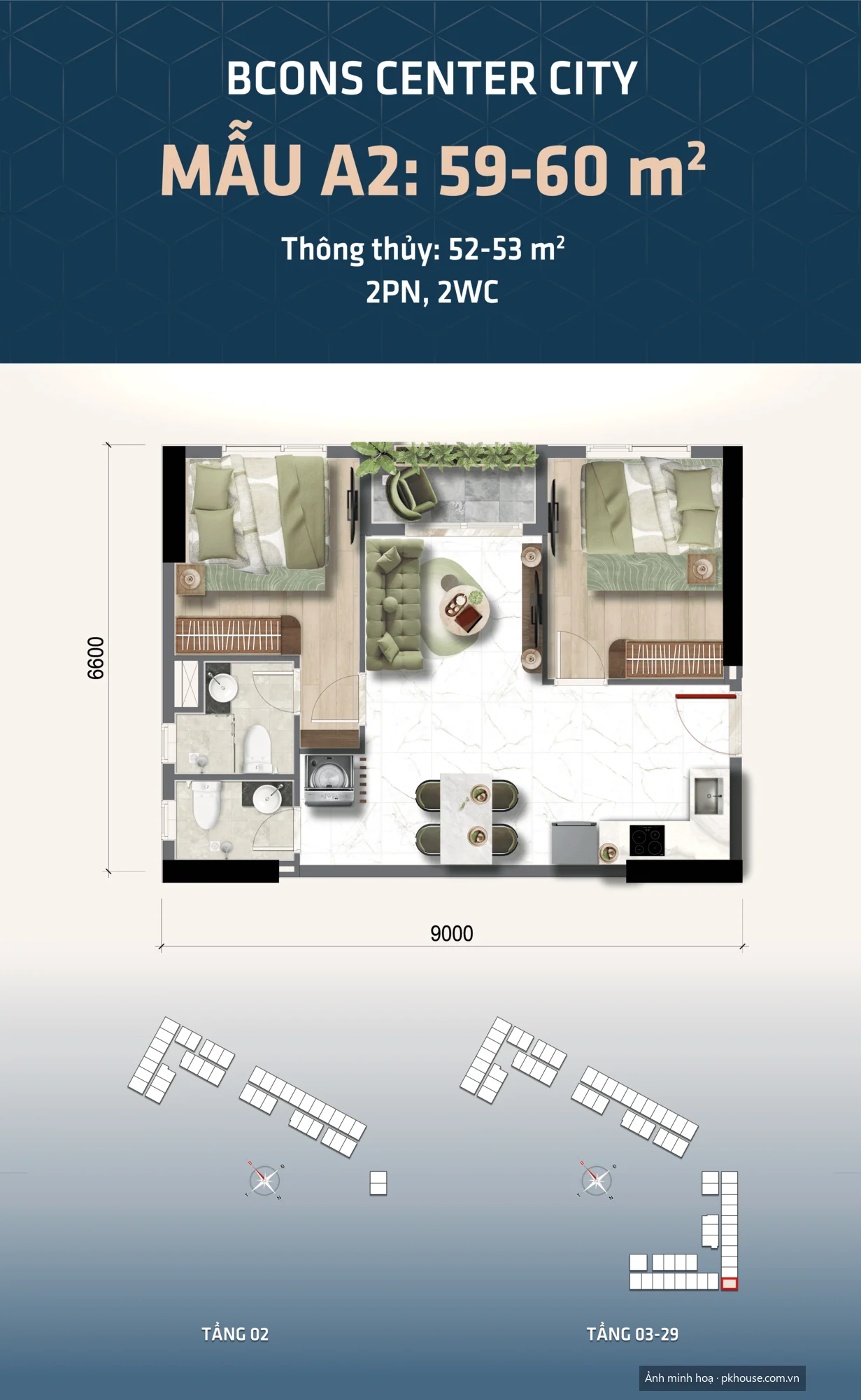 Mẫu A2 · 59–60 m² · 2PN 2WC dự án Bcons Center City