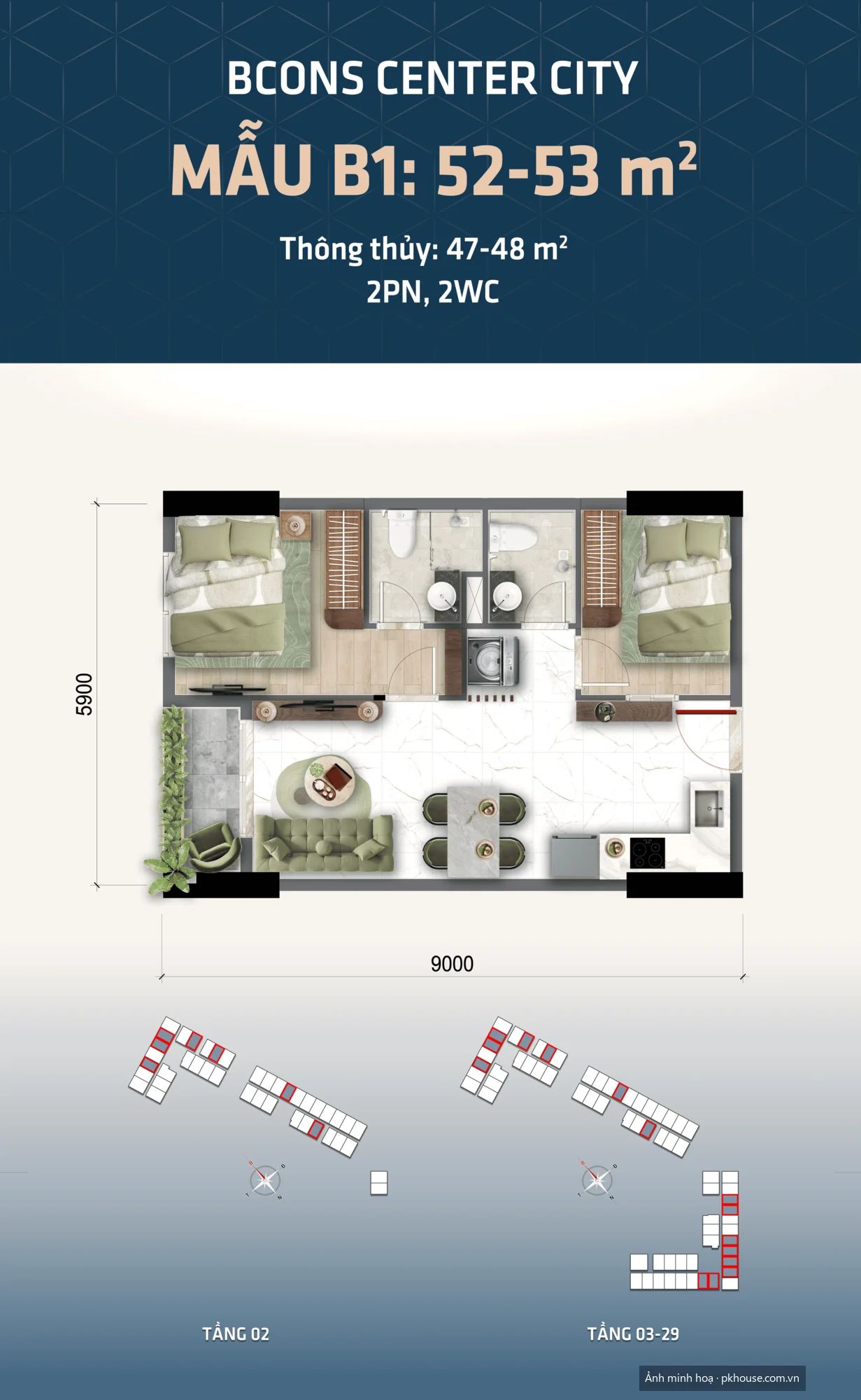 Mẫu B1 · 52–53 m² · 2PN 2WC dự án Bcons Center City