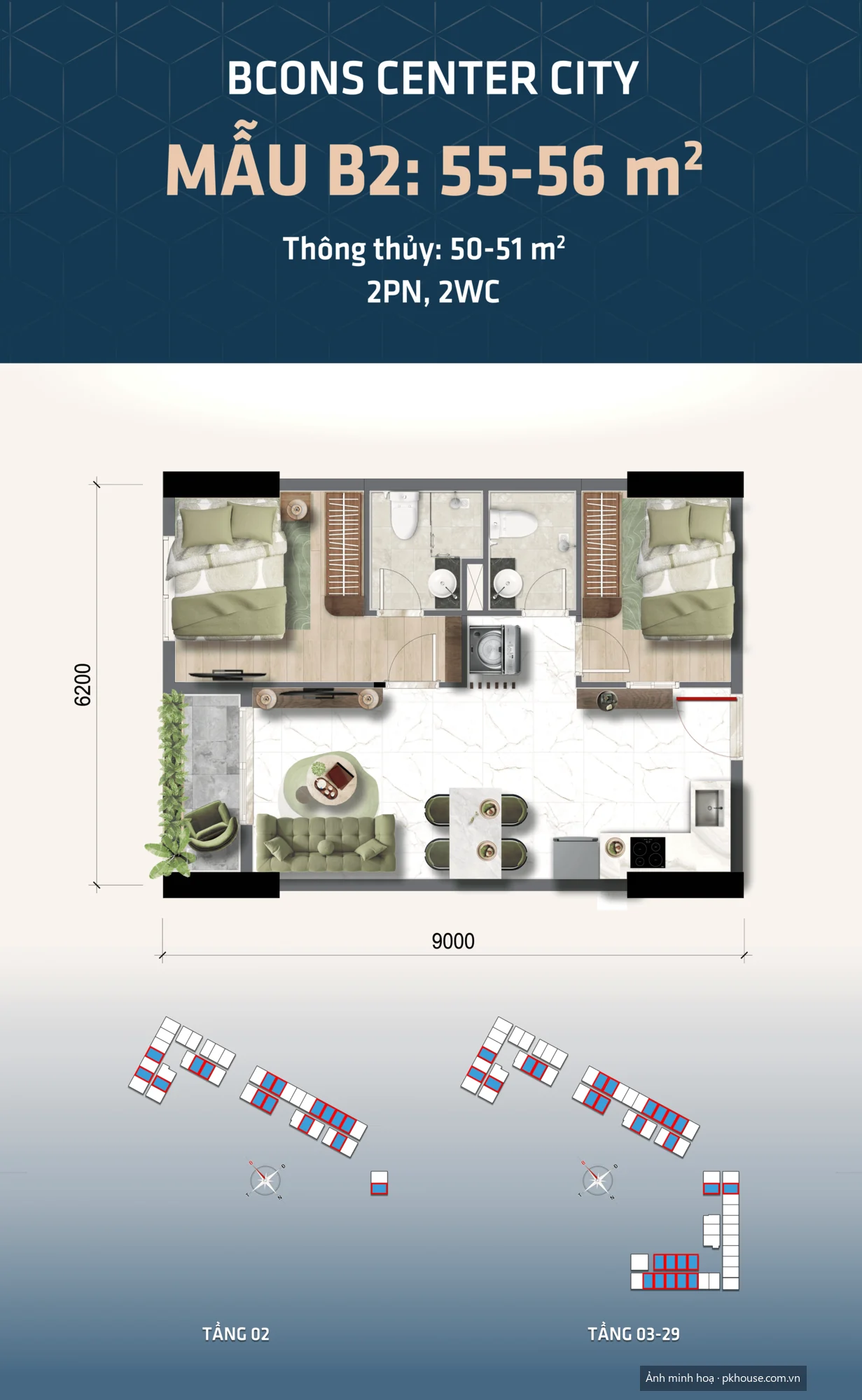 Mẫu B2 · 55–56 m² · 2PN 2WC dự án Bcons Center City
