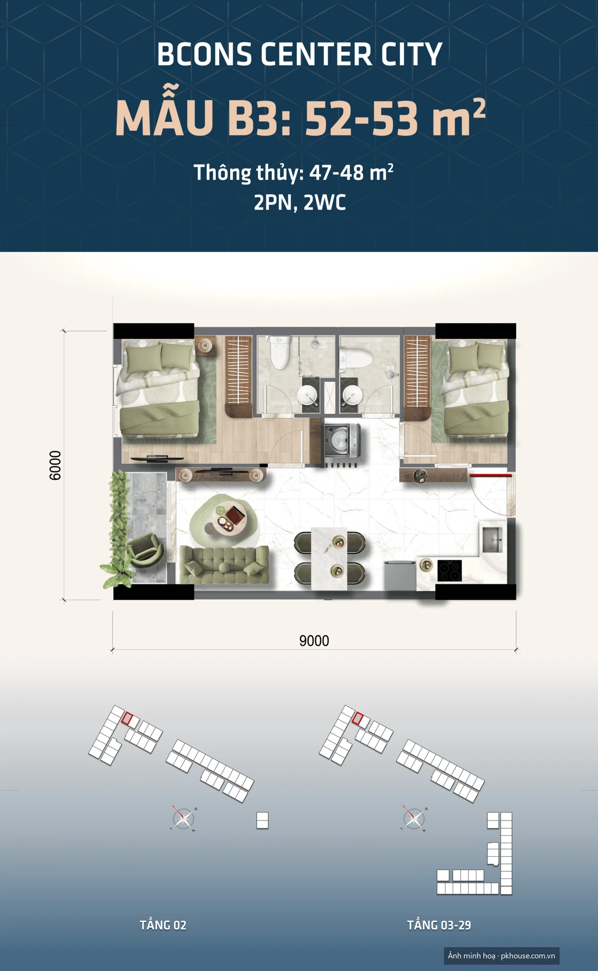 Mẫu B3 · 52–53 m² · 2PN 2WC dự án Bcons Center City