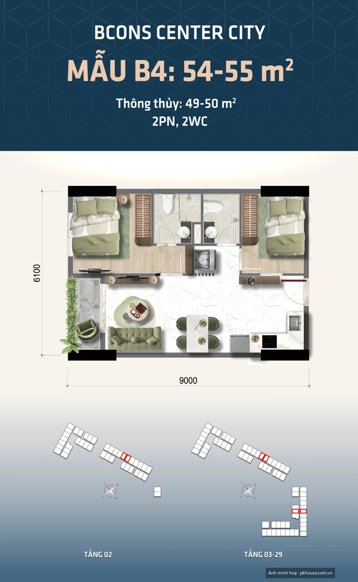 Mẫu B4 · 54–55 m² · 2PN 2WC dự án Bcons Center City