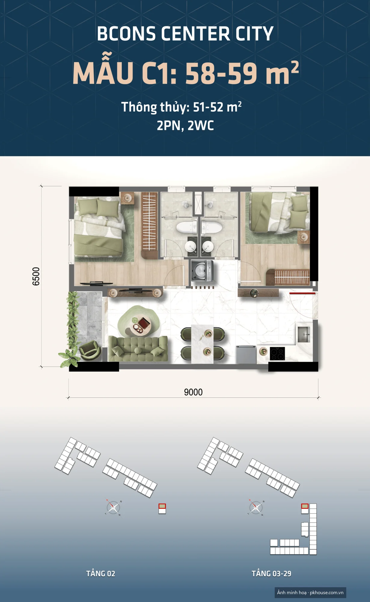 Mẫu C1 · 58–59 m² · 2PN 2WC dự án Bcons Center City