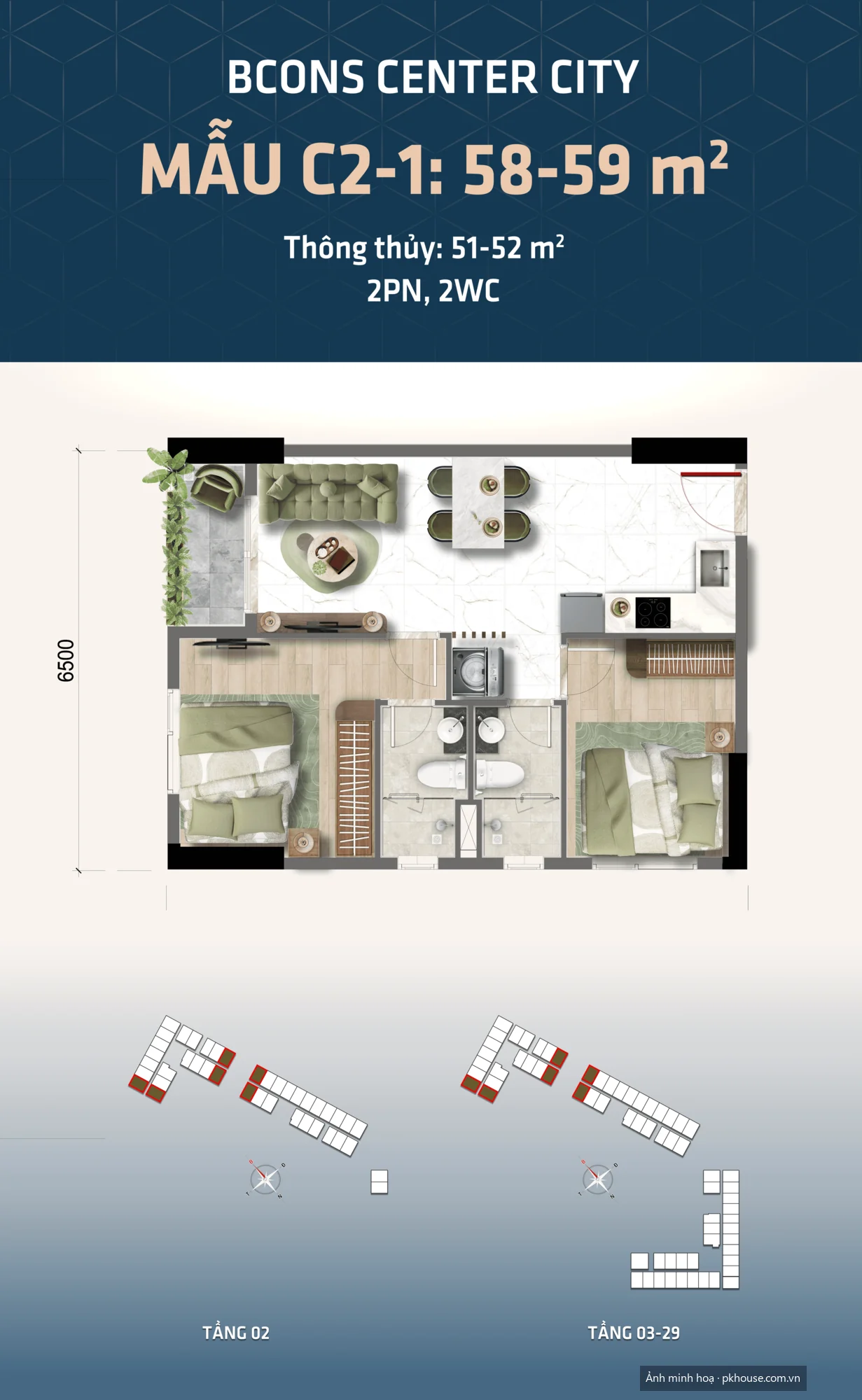 Mẫu C2-1 · 58–59 m² · 2PN 2WC dự án Bcons Center City