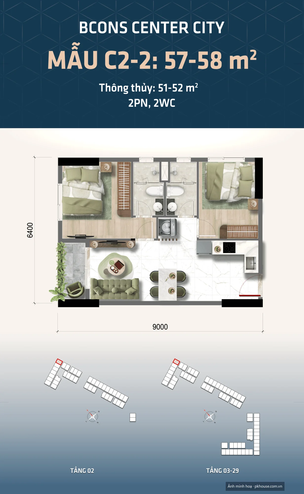 Mẫu C2-2 · 57–58 m² · 2PN 2WC dự án Bcons Center City