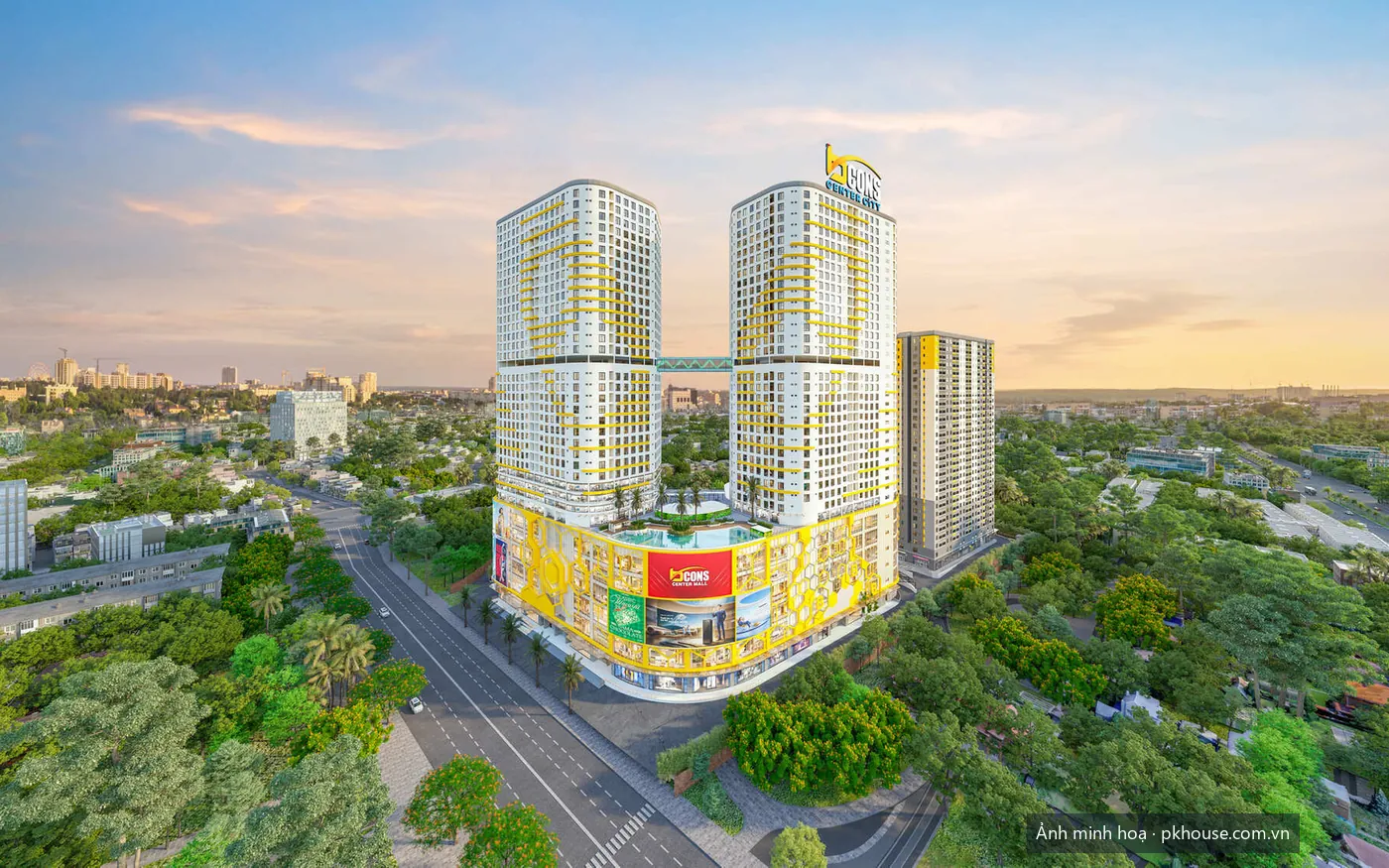 Phối cảnh tổng thể hai tháp lúc hoàng hôn nhìn từ trên cao dự án Bcons Center City