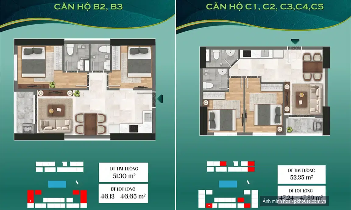 Thiết kế căn hộ 2 phòng ngủ tháp Green Emerald dự án Bcons City – Giai đoạn 1