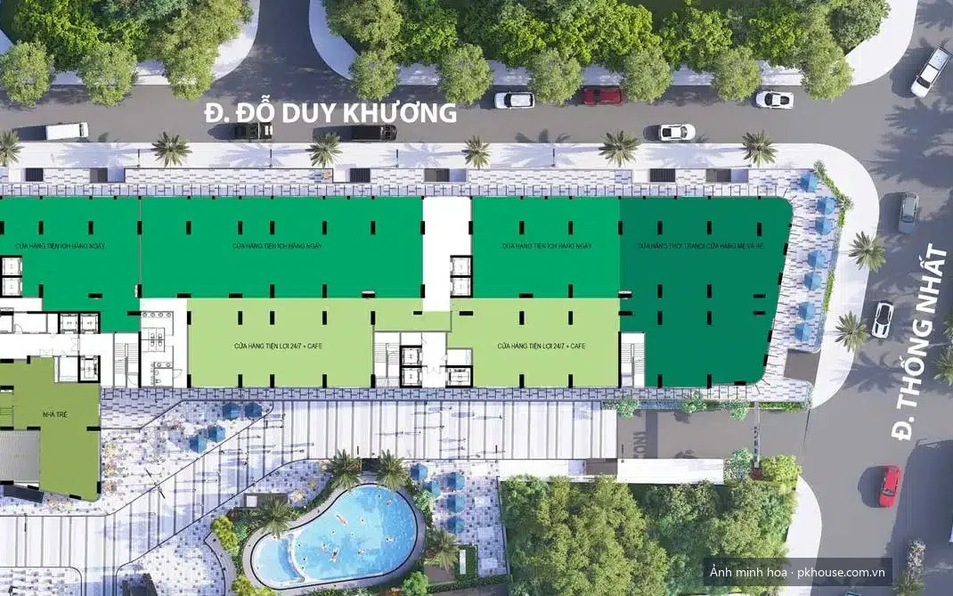 Mặt bằng tầng trệt: khu dịch vụ, cà phê, thương mại dự án Bcons City – Green Diamond