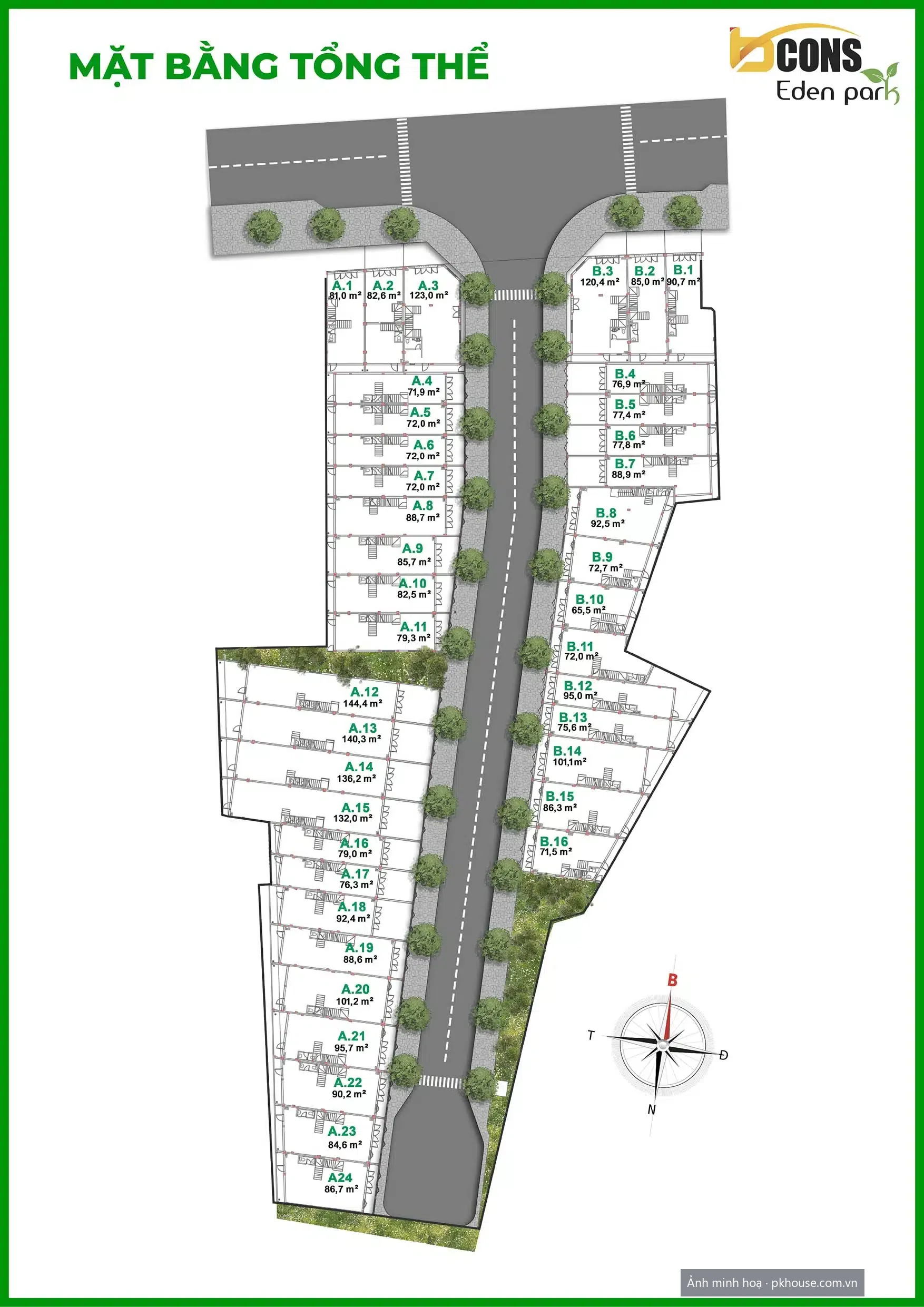 Mặt bằng phân lô 40 căn nhà phố dự án Bcons Eden Park
