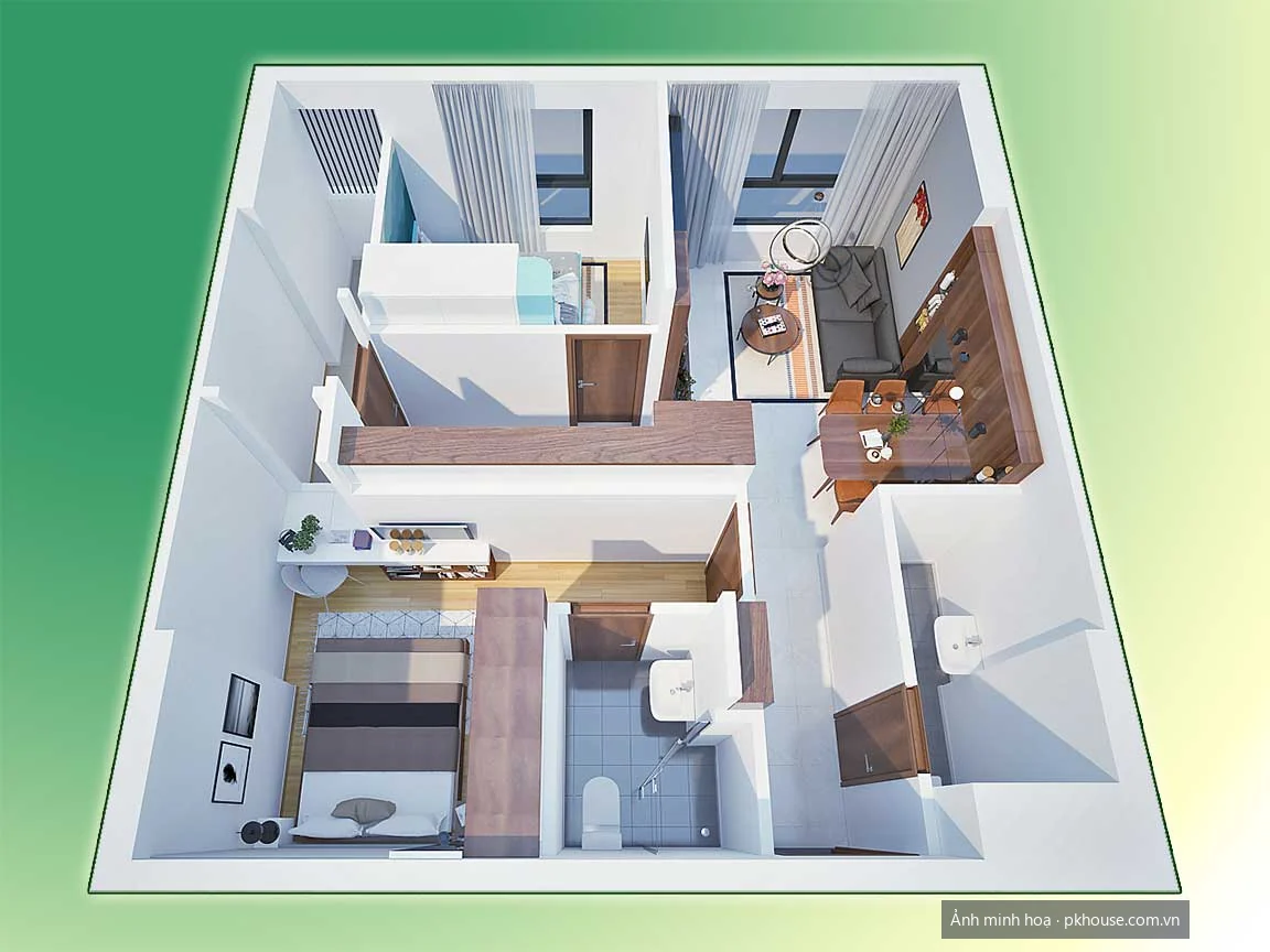 Thiết kế căn 2PN 2WC có logia dự án Bcons Garden