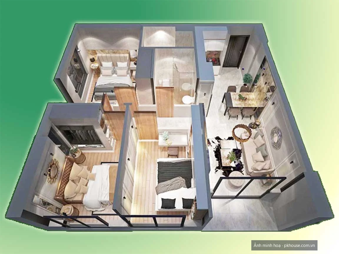 Thiết kế căn 3PN 2WC 70 m² dự án Bcons Garden