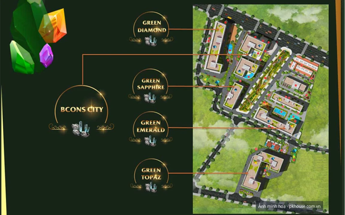 Sơ đồ các tháp trong khu Bcons City dự án Bcons Green Topaz