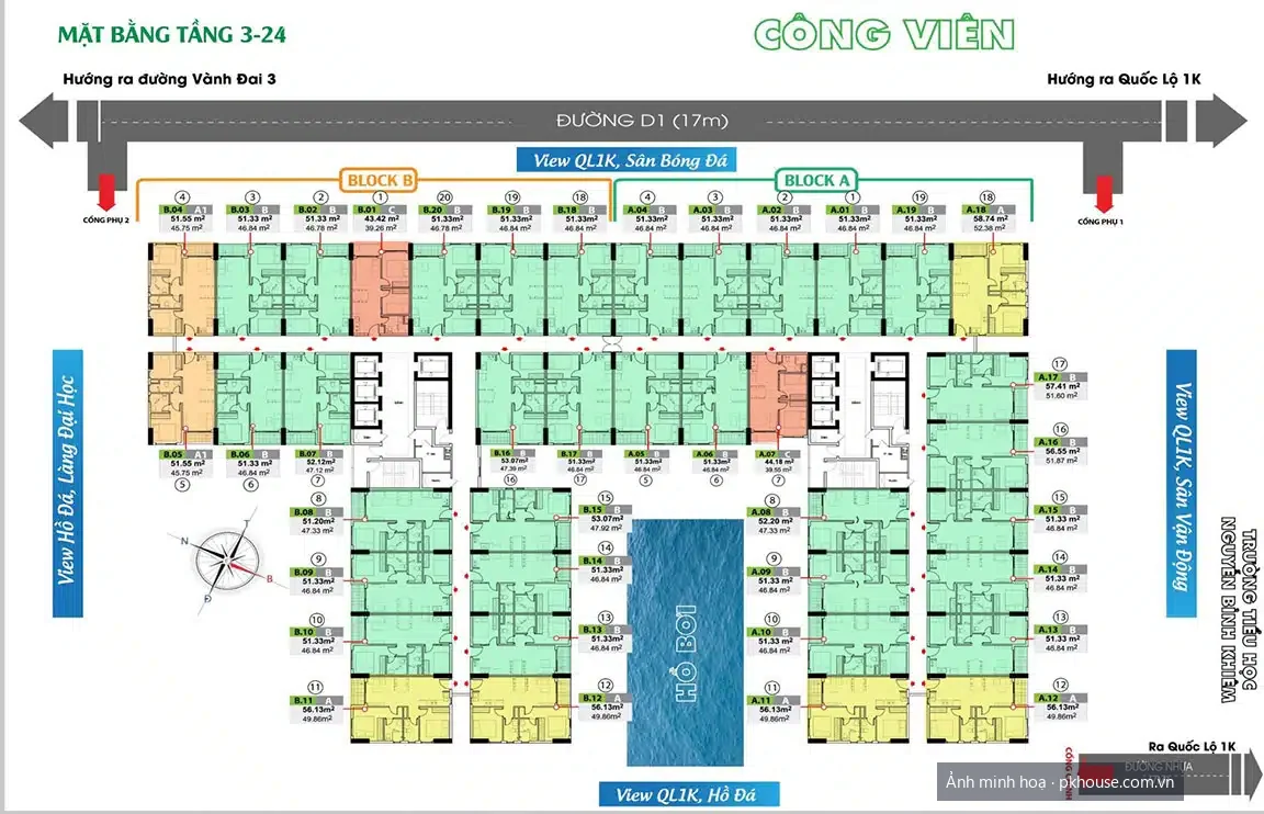Mặt bằng tầng điển hình 3 – 24 dự án Bcons Green View