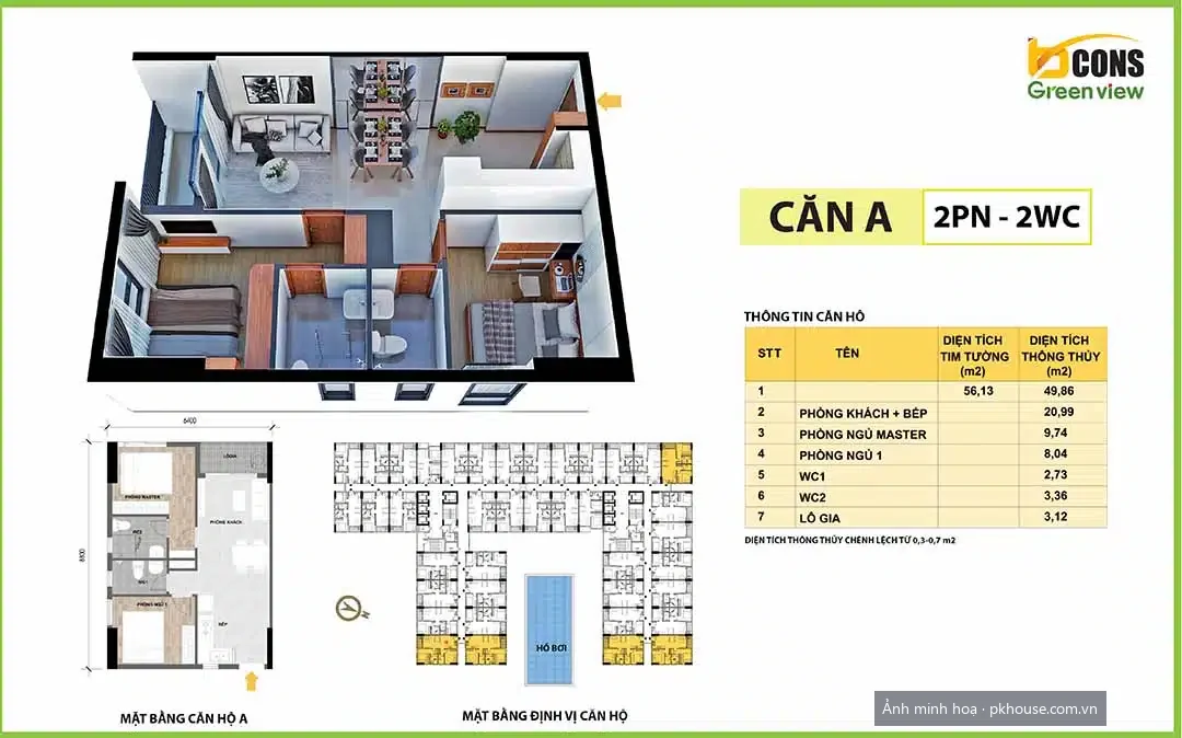 Thiết kế căn góc A 56 m² dự án Bcons Green View
