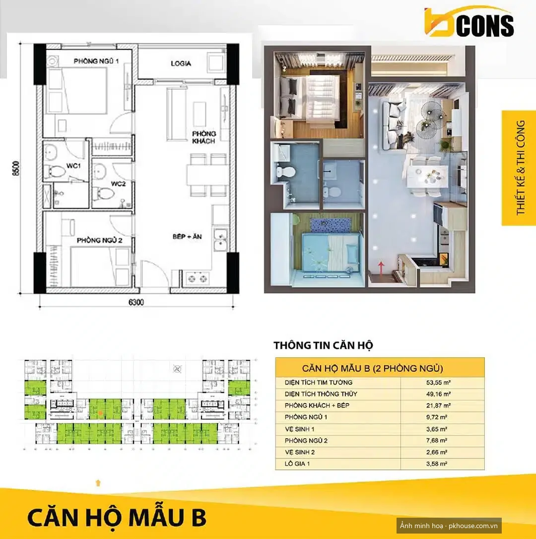 Thiết kế căn 2PN 2WC 53 m² dự án Bcons Miền Đông