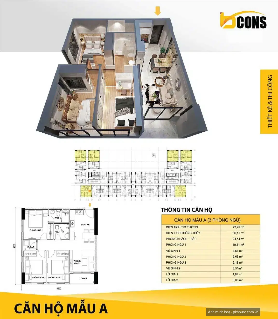 Thiết kế căn 3PN 2WC 72 m² dự án Bcons Miền Đông