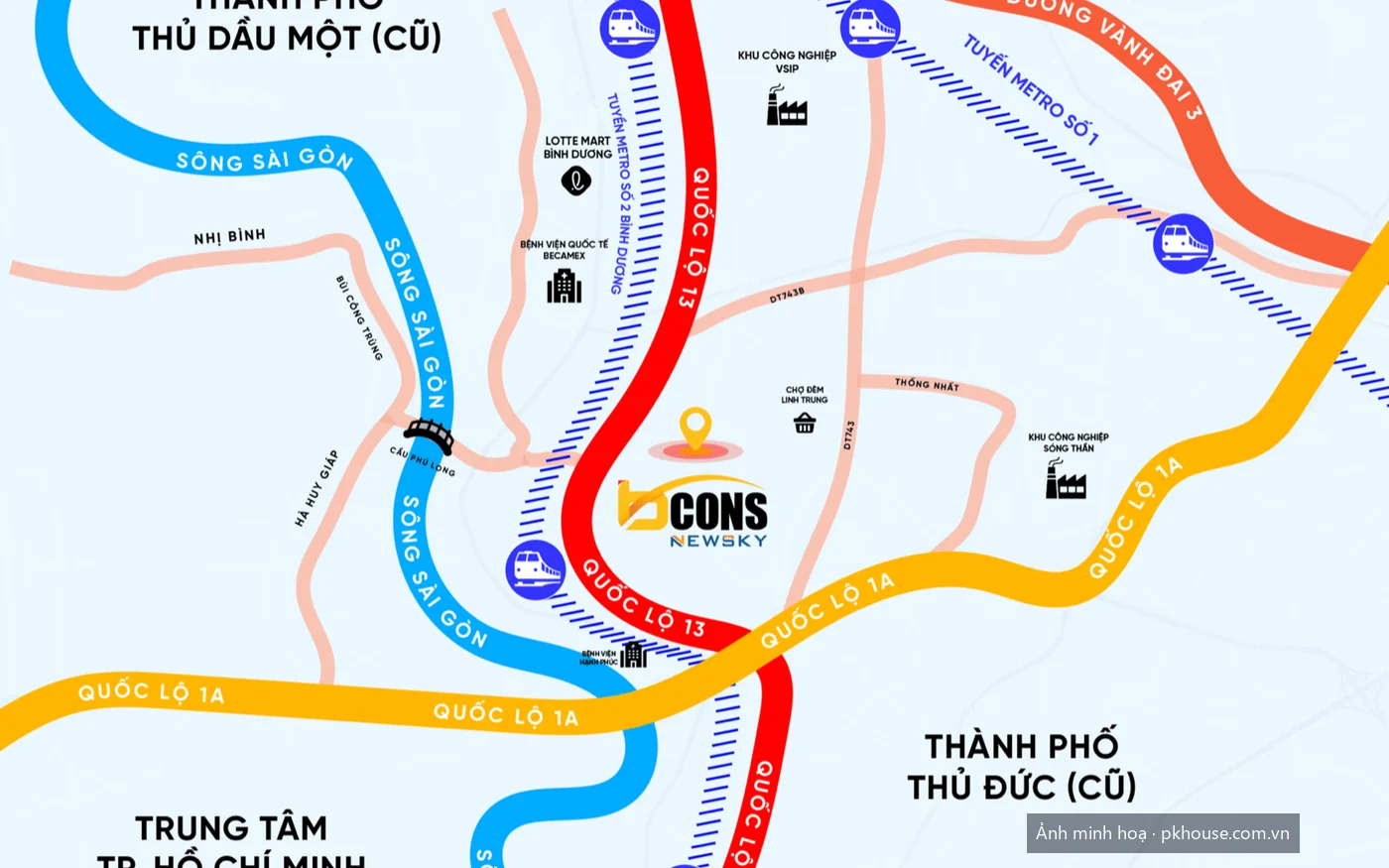 Bản đồ vị trí chính chủ: trục Quốc lộ 13, Vành đai 3, kết nối TP.HCM – Thủ Dầu Một dự án Bcons New Sky