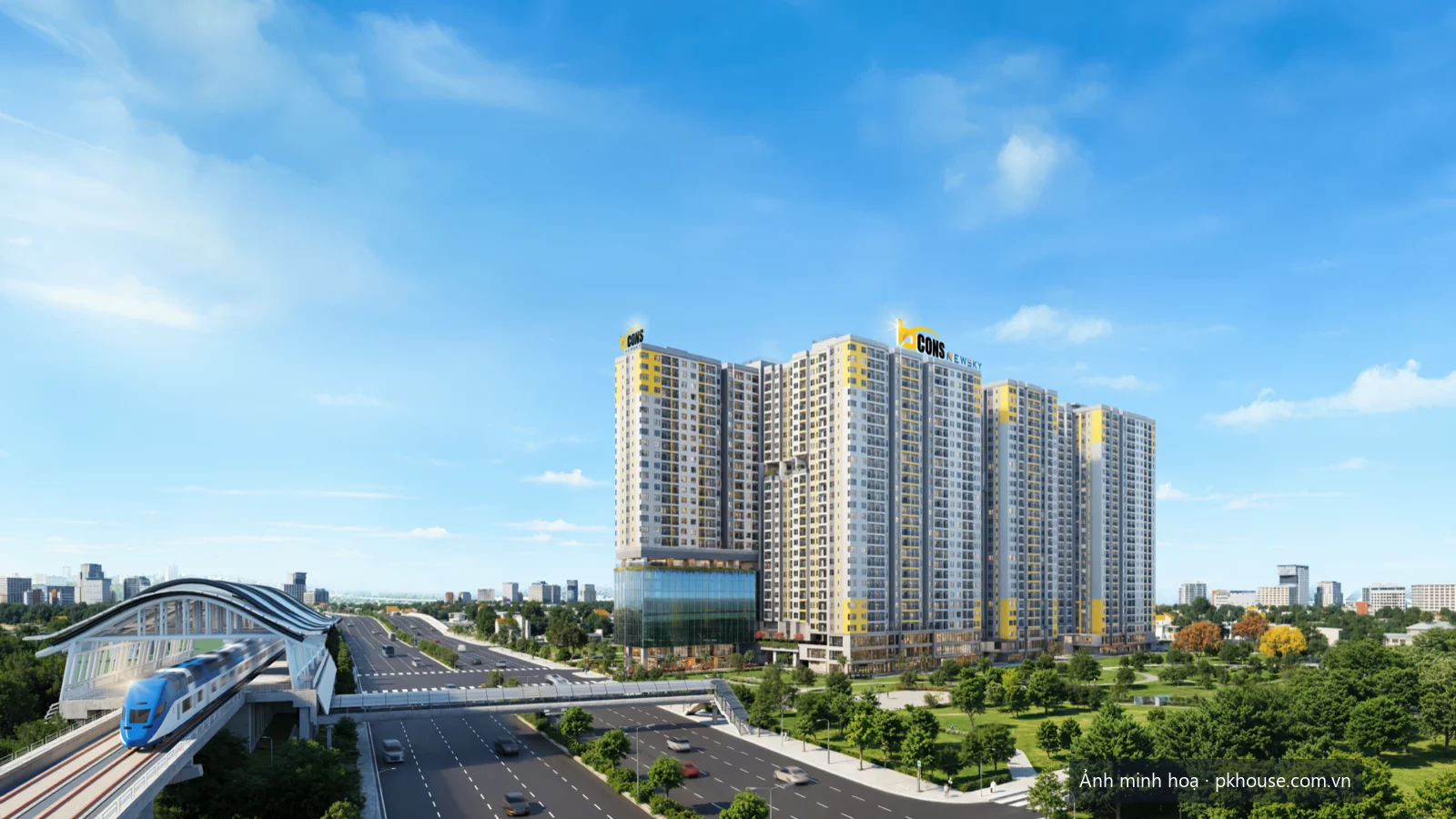Phối cảnh nhìn từ Quốc lộ 13, có tuyến metro chạy phía trước dự án Bcons New Sky