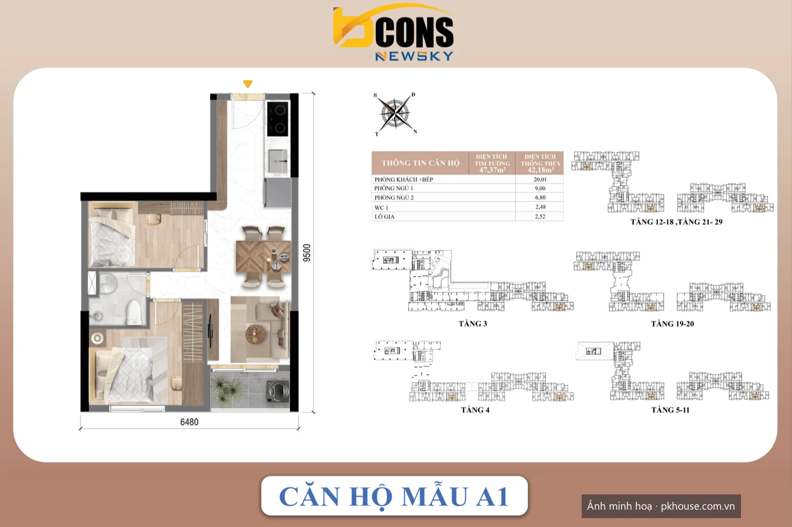 Căn hộ mẫu A1 dự án Bcons New Sky