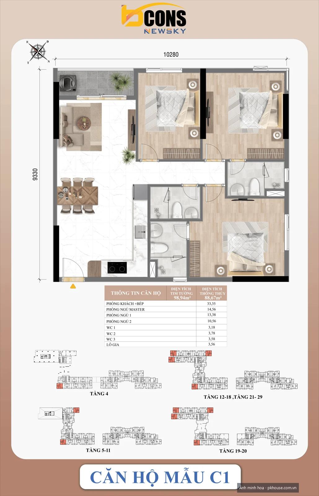Căn hộ mẫu C1 — 3 phòng ngủ dự án Bcons New Sky