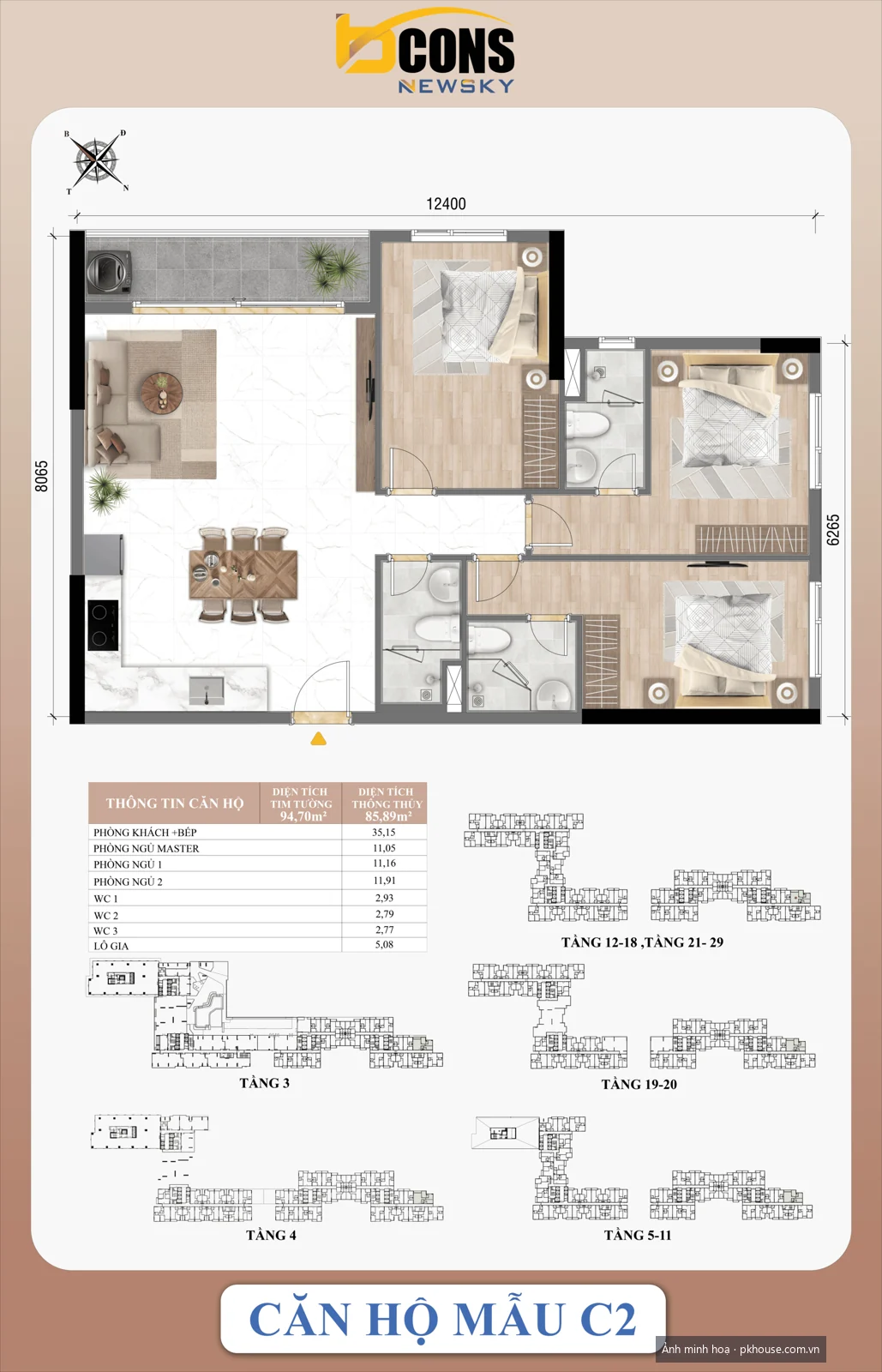 Căn hộ mẫu C2 — 3 phòng ngủ dự án Bcons New Sky