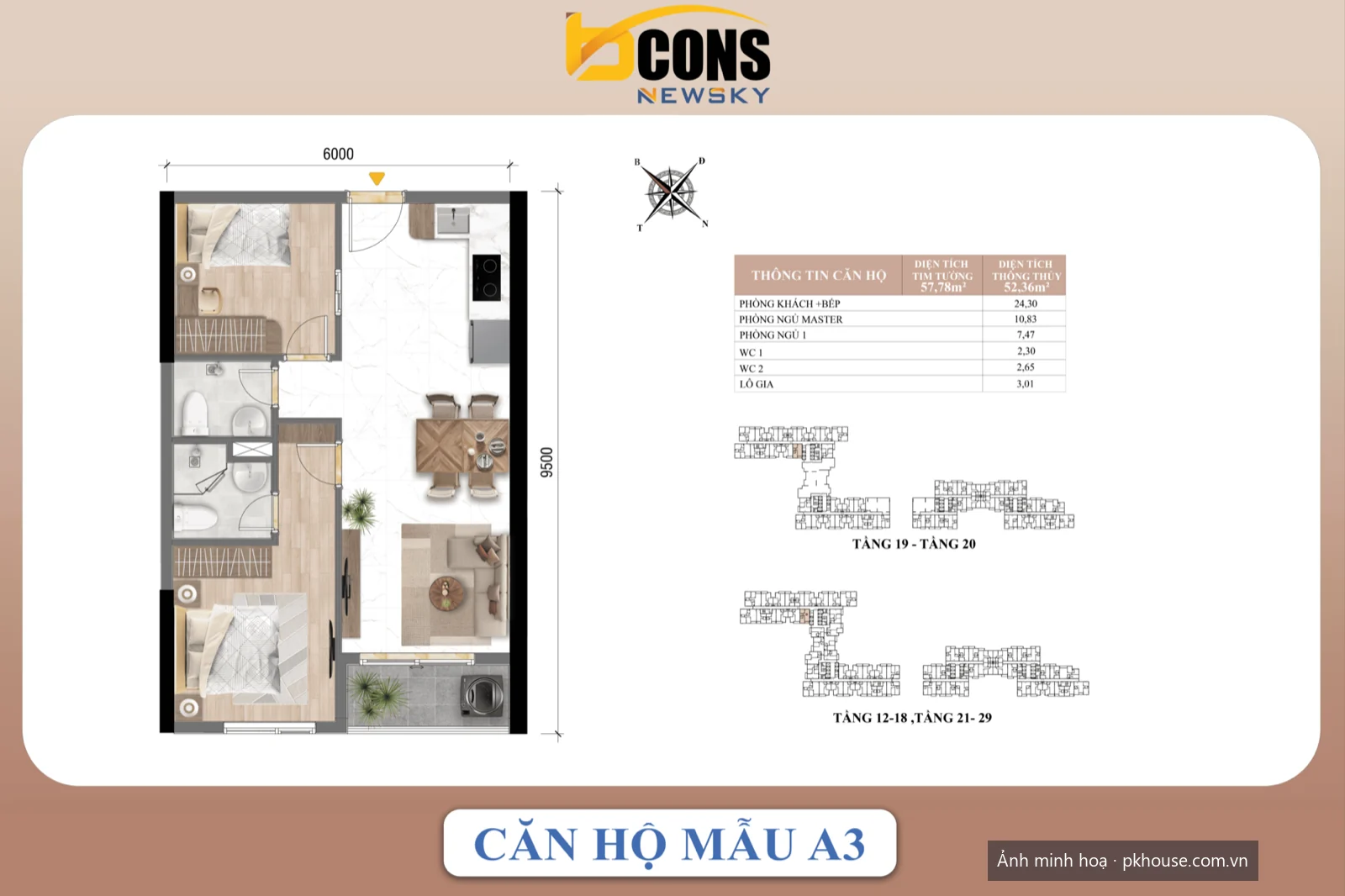 Căn hộ mẫu A3 dự án Bcons New Sky
