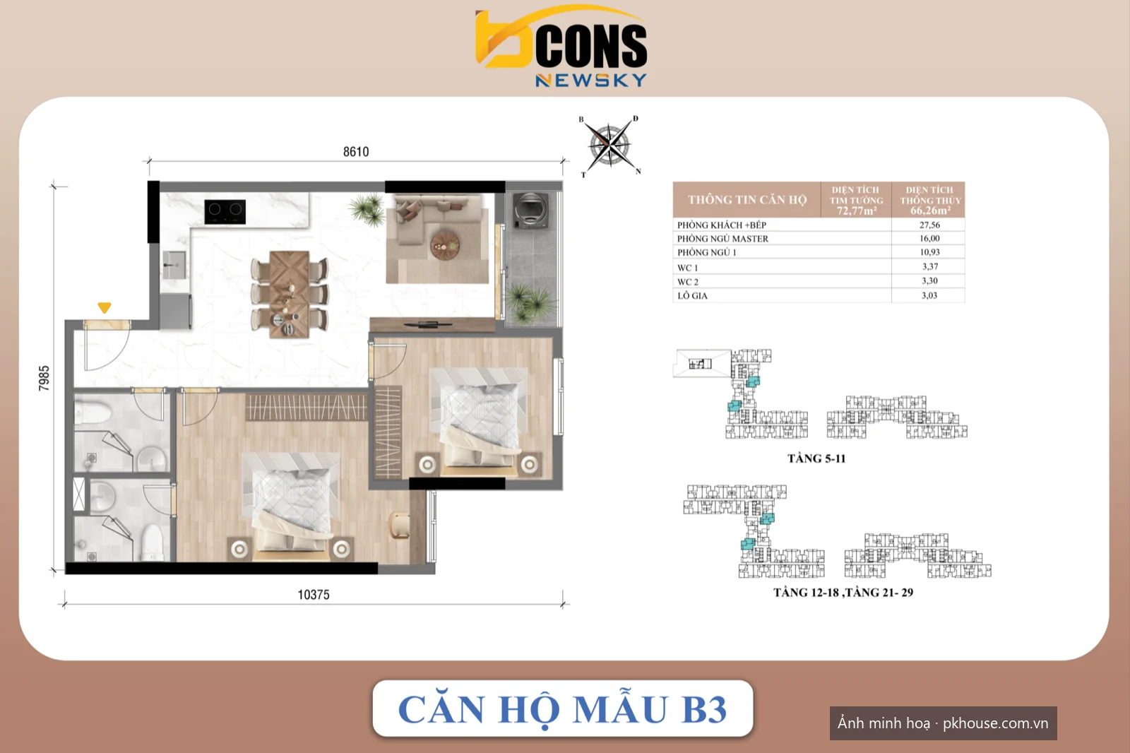 Căn hộ mẫu B3 dự án Bcons New Sky