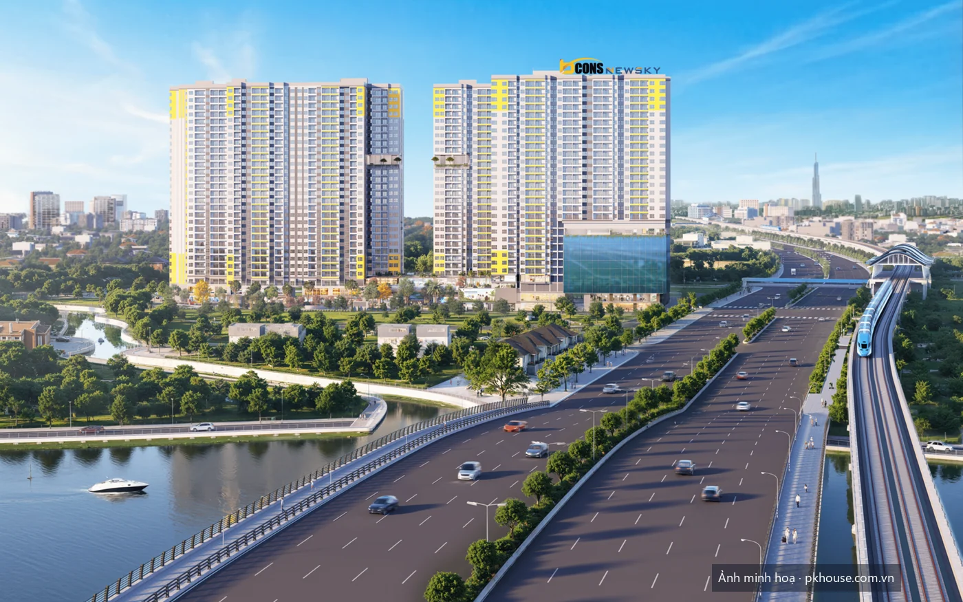 Phối cảnh hai block nhìn từ phía sông và đại lộ dự án Bcons New Sky