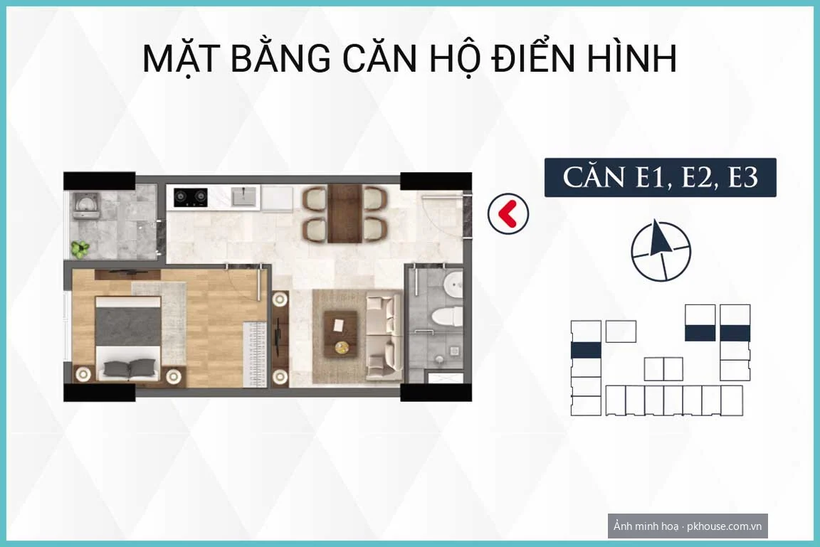 Thiết kế căn hộ 1PN 1WC 43,7 m² dự án Bcons Polaris