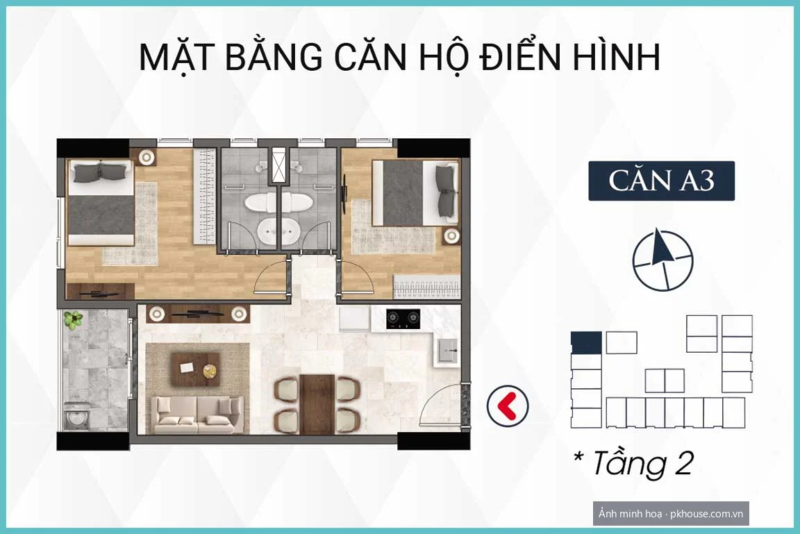 Thiết kế căn góc 60 m² dự án Bcons Polaris