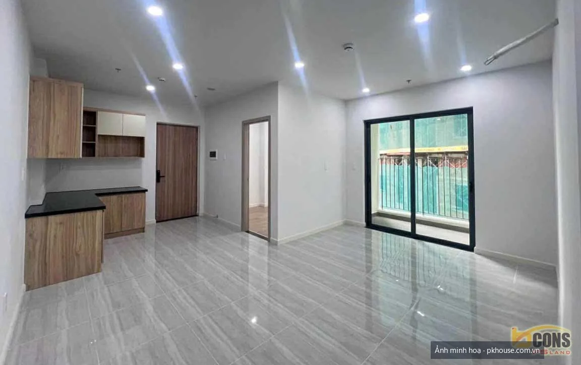 Ảnh thực tế phòng khách và bếp căn hộ đã bàn giao dự án Bcons Polaris