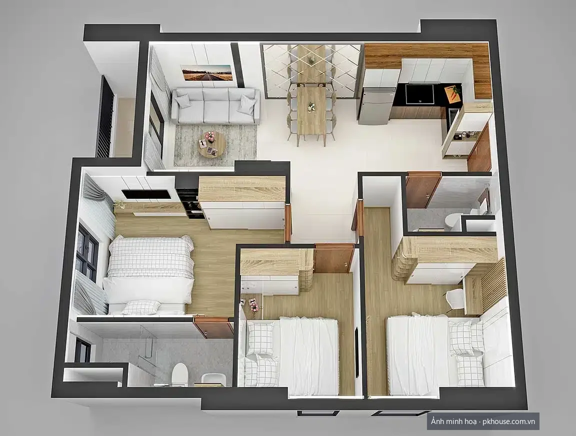 Thiết kế căn góc 3PN 2WC 65,65 m² dự án Bcons Polygon