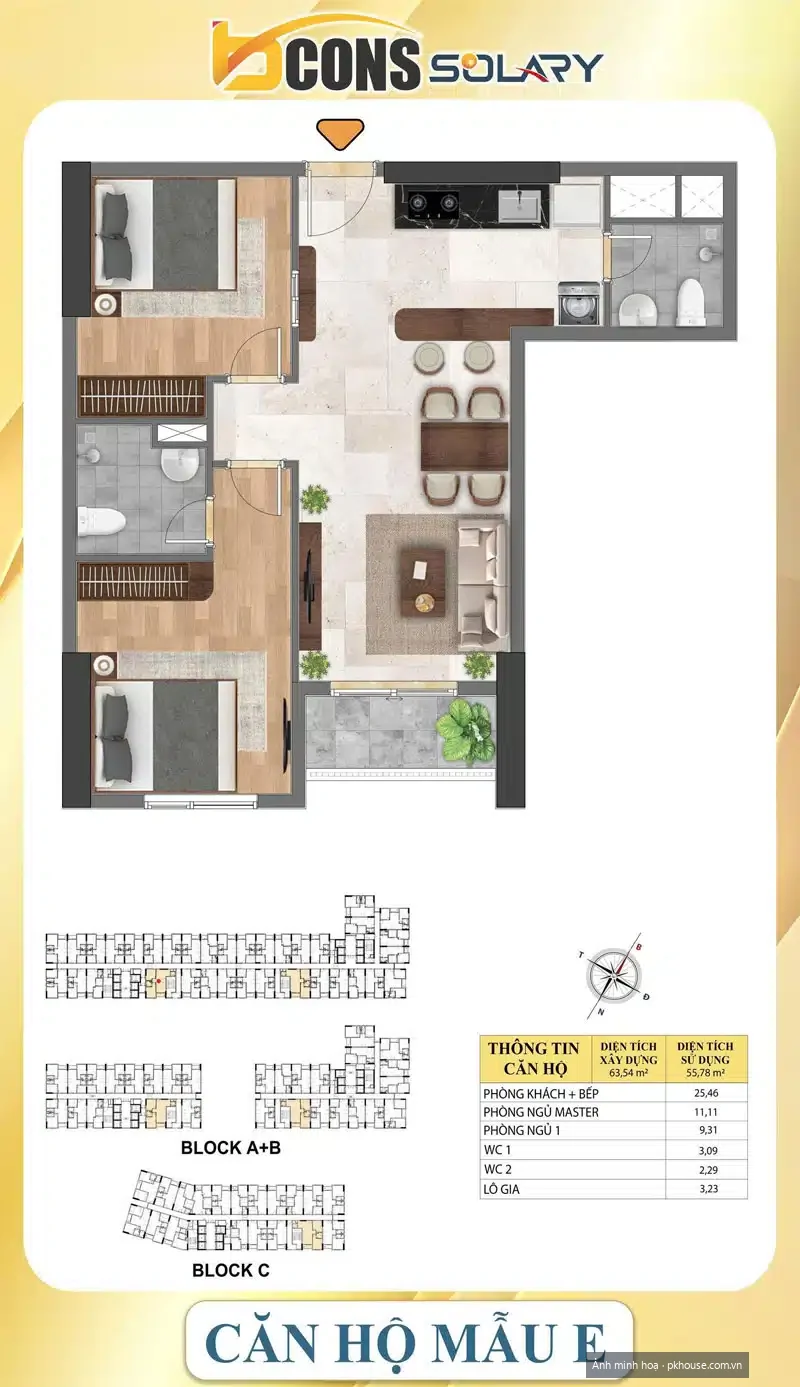 Thiết kế căn 2PN 2WC 63,54 m² dự án Bcons Solary