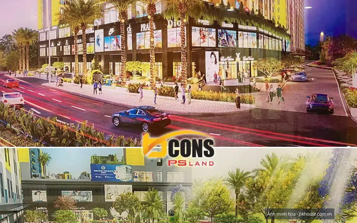 Phối cảnh trung tâm thương mại và công viên nội khu dự án Bcons Solary