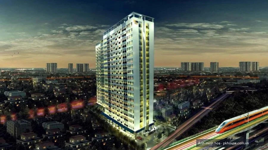 Phối cảnh tổng thể dự án về đêm, có tuyến metro chạy phía trước dự án Bcons Suối Tiên
