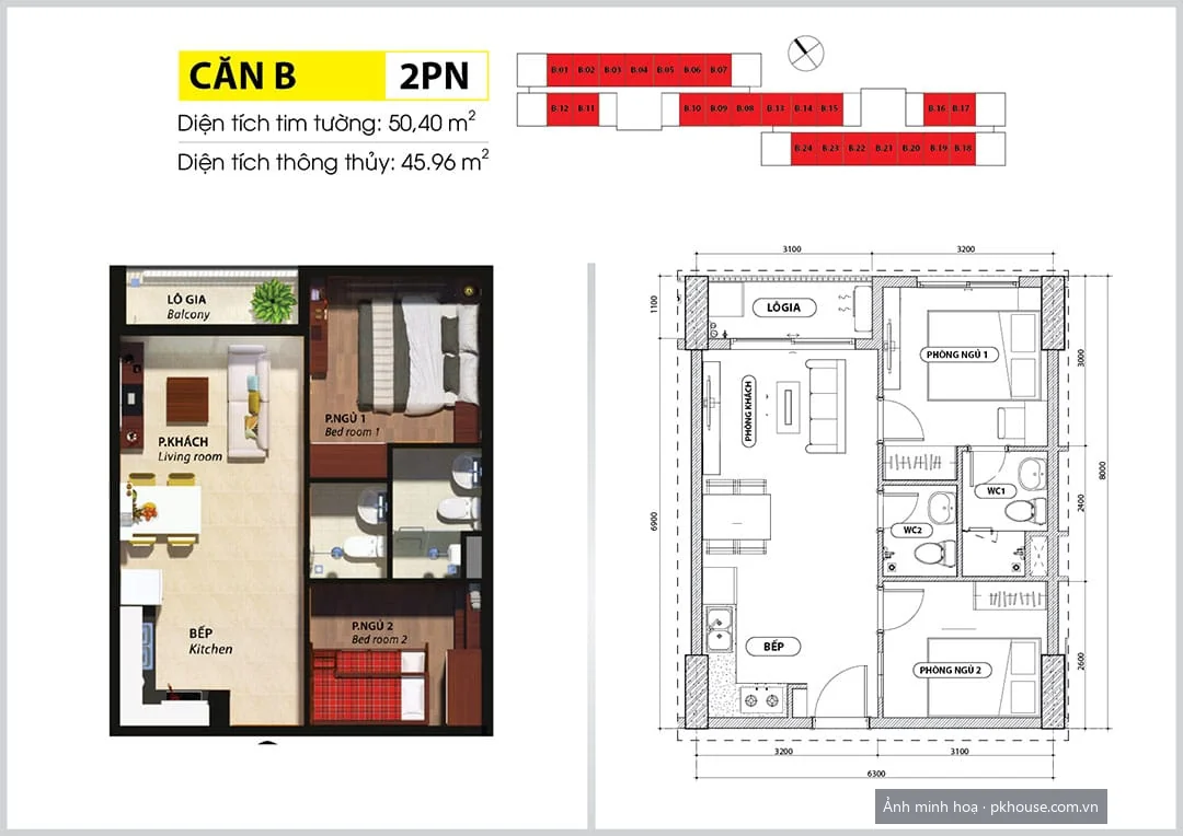Thiết kế căn thường 2PN 2WC 50,4 m² dự án Bcons Suối Tiên